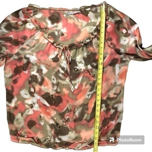 Signature by Larry Levine Womens Size 2X Coral Green Abstract Peasant Blouse Top - Picture 6 of 9